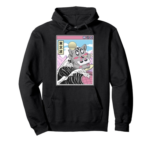Cat Eating Sushi Surfing Kanagawa Wave Hoodie - Streetwear Style Unisex - T-Shirt, Sweatshirt, Hoodie