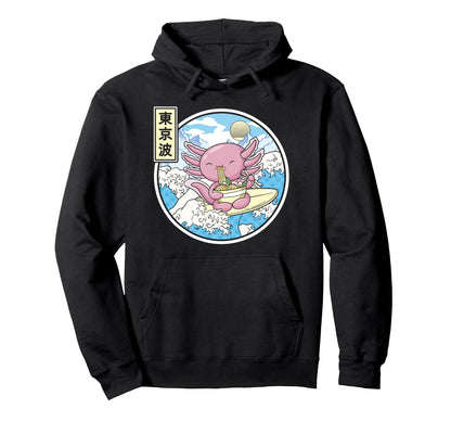 Axolotl Eating Ramen Japan Waves Anime Hoodie - Streetwear Style Men Women - T-Shirt, Sweatshirt, Hoodie