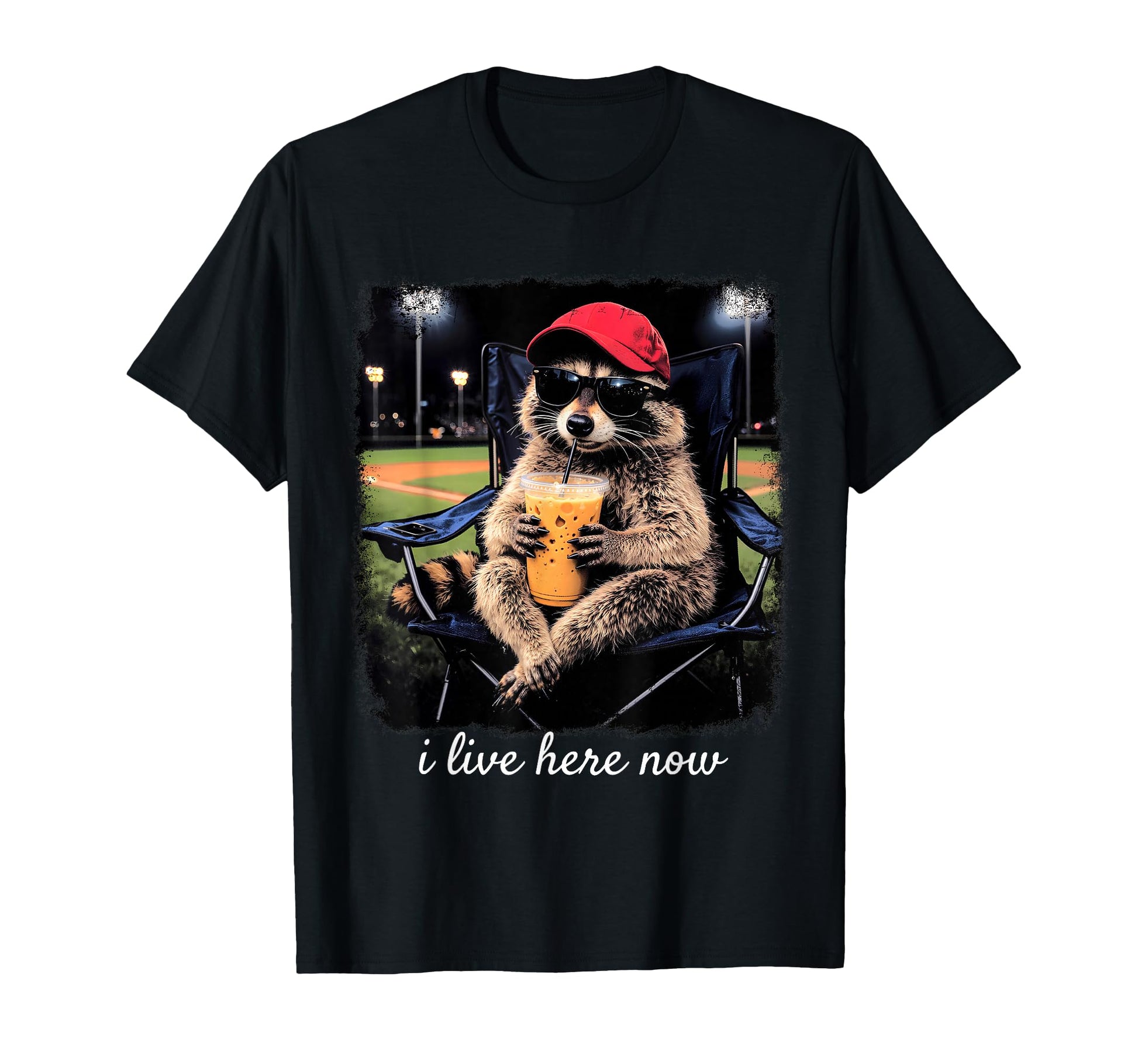 I Live Here Now Baseball Raccoon T-Shirt - Casual Everyday Wear Unisex - T-Shirt, Sweatshirt, Hoodie