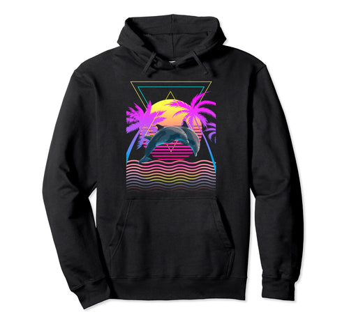 1980S 1990S Dolphins Palm Trees Sunset Hoodie - Novelty Apparel Unisex - T-Shirt, Sweatshirt, Hoodie