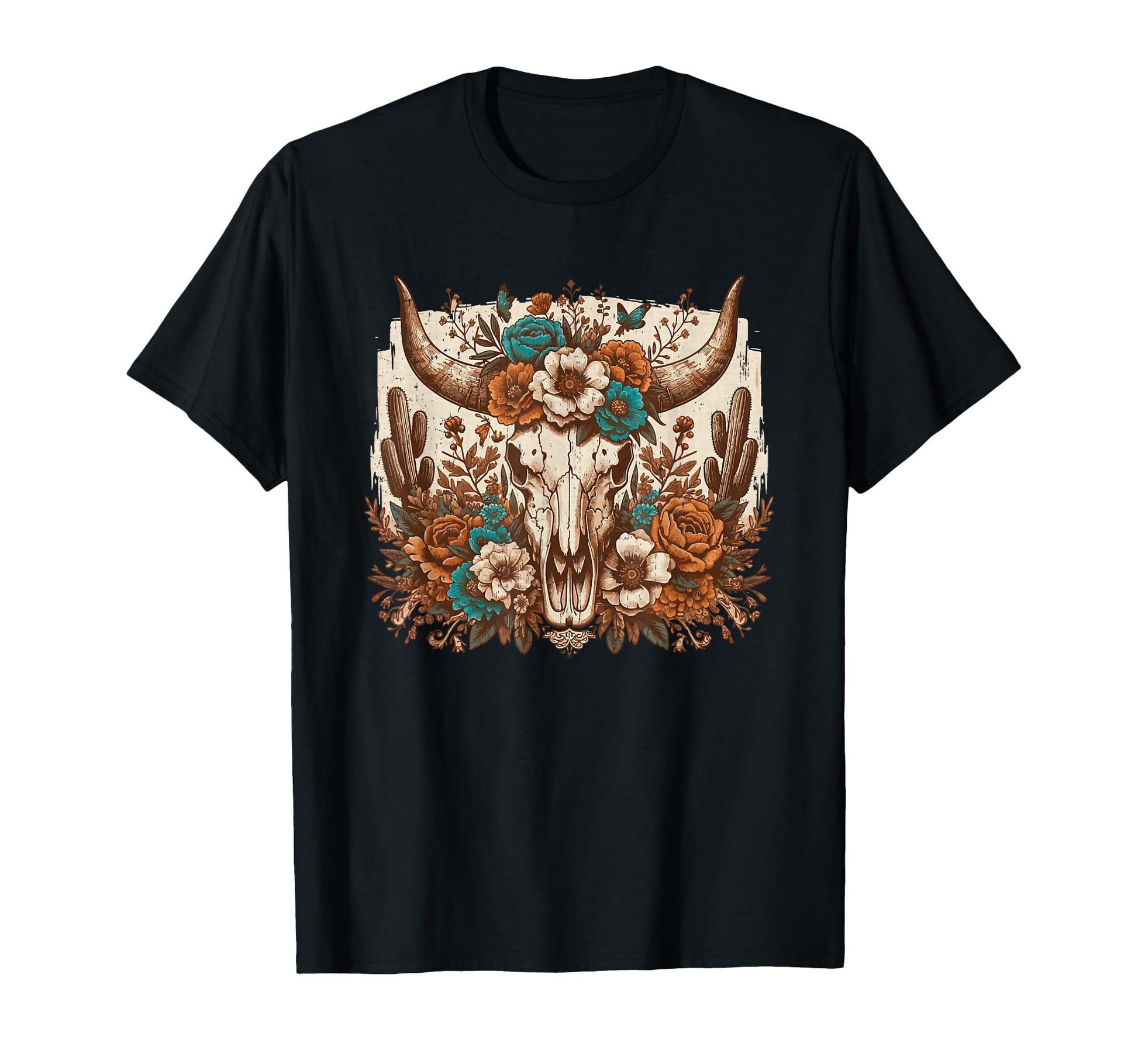 Western Boho Cow Bull Skull Flowers T-Shirt - Aesthetic Graphic for Adults - T-Shirt, Sweatshirt, Hoodie