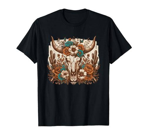 Western Boho Cow Bull Skull Flowers T-Shirt - Aesthetic Graphic for Adults - T-Shirt, Sweatshirt, Hoodie