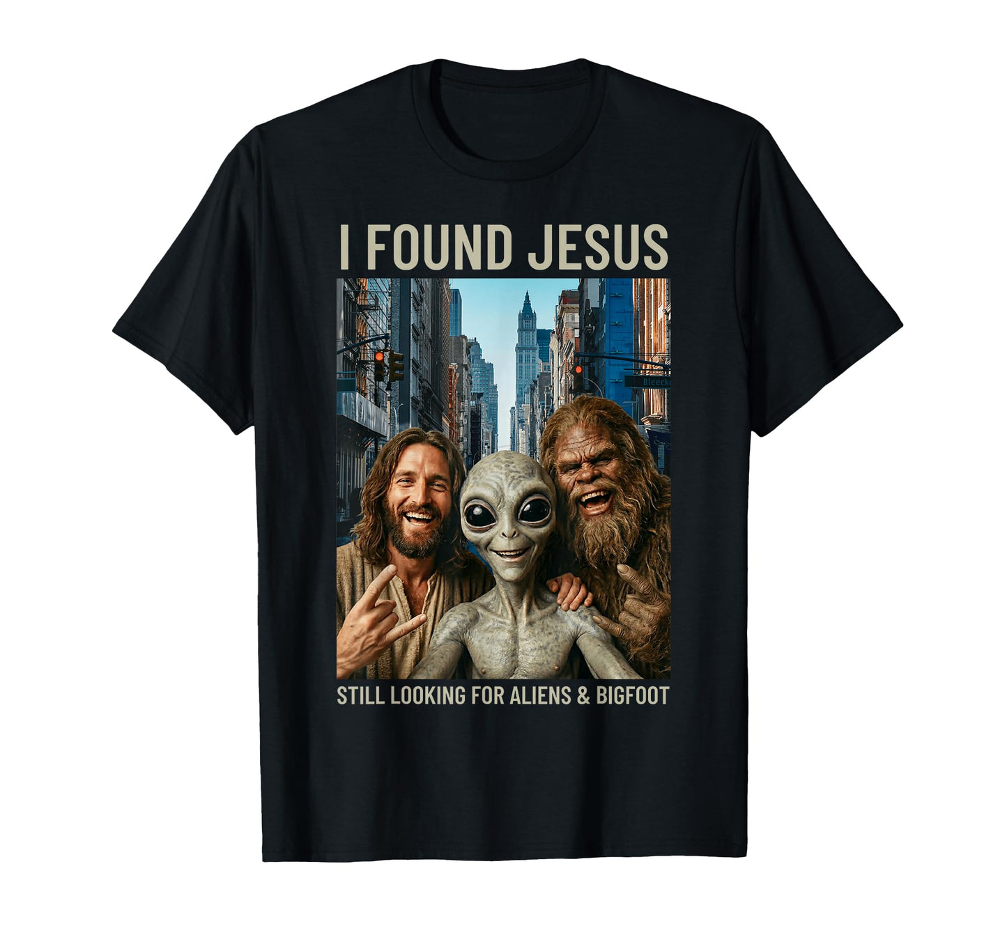 Funny Bigfoot Alien Jesus Rock Hand Sign T-Shirt - Unique Graphic Unisex - T-Shirt, Sweatshirt, Hoodie