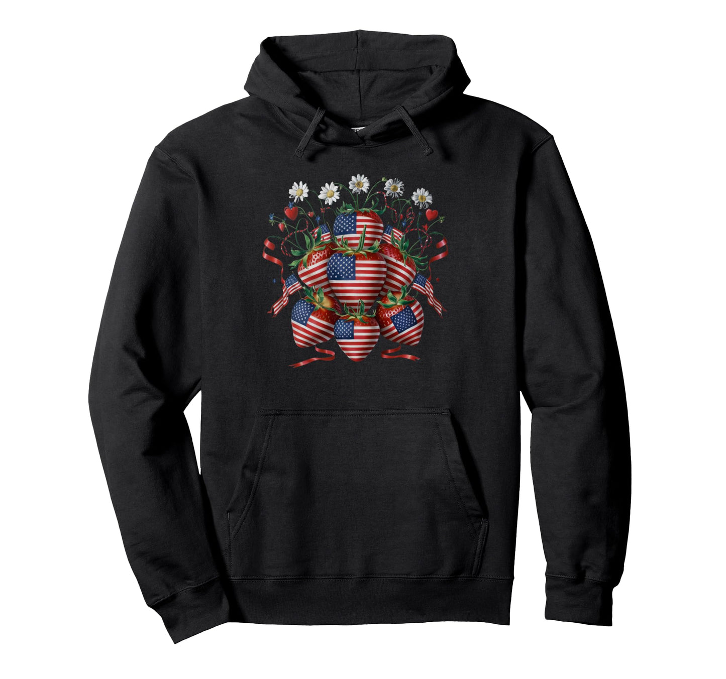 Boho Strawberry Usa Flag Patriotic 4Th July Hoodie - Unique Graphic Unisex - T-Shirt, Sweatshirt, Hoodie