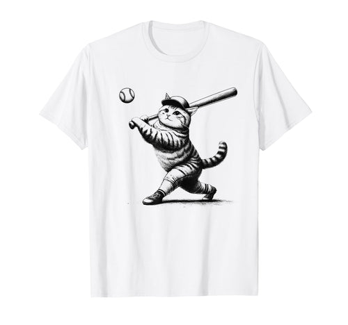 Cat Playing Baseball Kitten Lover T-Shirt - Minimalist Print for Adults - T-Shirt, Sweatshirt, Hoodie