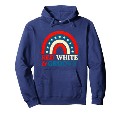 Red White Groovy 4Th July Rainbow Usa Hoodie - Fun Novelty Design Men Women - T-Shirt, Sweatshirt, Hoodie