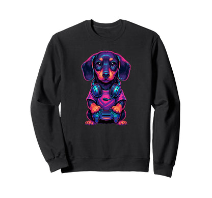 Dachshund Playing Video Games Sweatshirt - Custom Art Print for Adults - T-Shirt, Sweatshirt, Hoodie