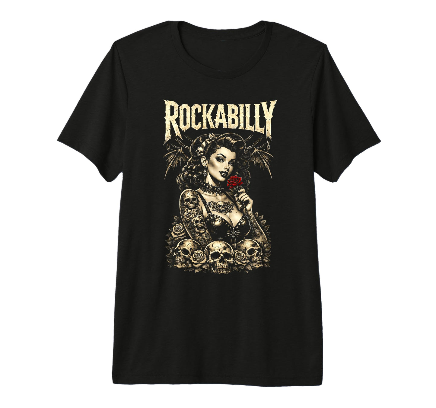 Rockabilly Gothic Pinup Skulls T-Shirt - Custom Art Print Unisex - T-Shirt, Sweatshirt, Hoodie