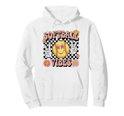 Softball Vibes Groovy Game Day Hoodie - Aesthetic Graphic Men Women - T-Shirt, Sweatshirt, Hoodie