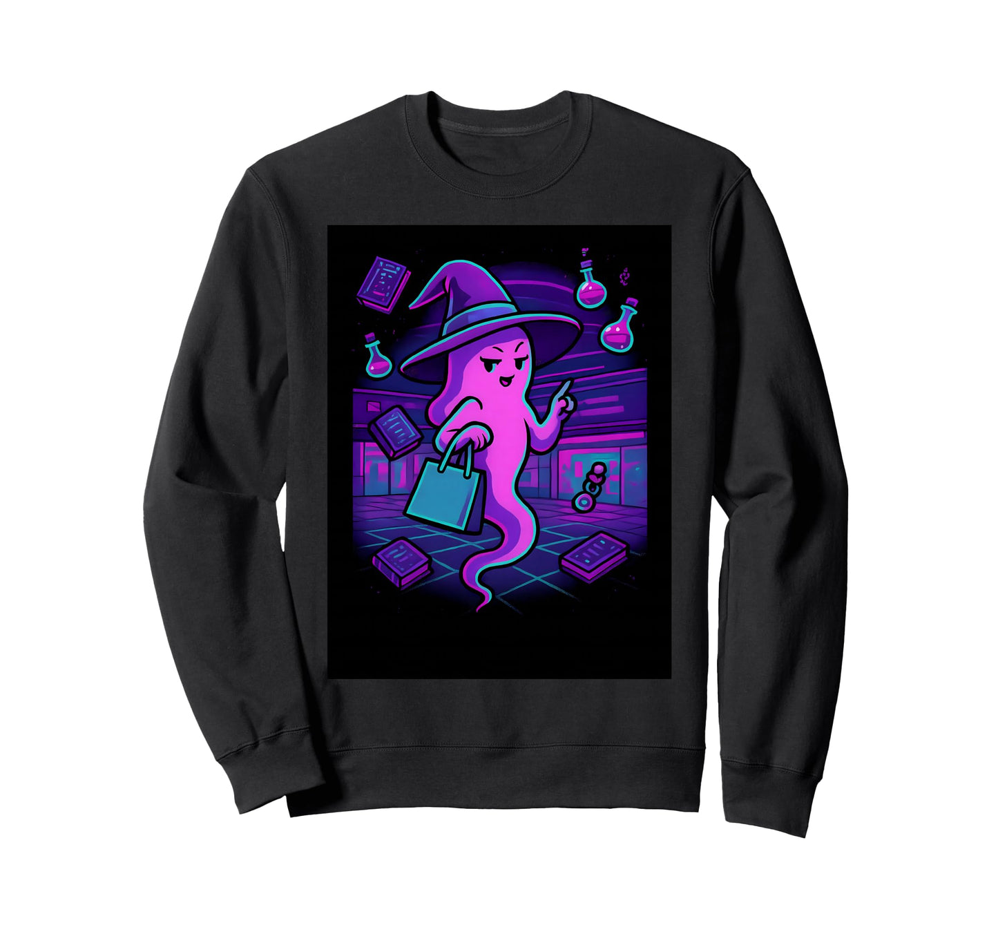 Vaporwave Shopping Ghost Witch Sweatshirt - Aesthetic Graphic for Adults - T-Shirt, Sweatshirt, Hoodie