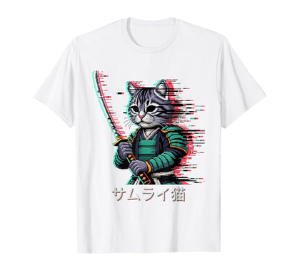 Japanese Vaporwave Samurai Cat T-Shirt - Aesthetic Graphic for Adults - T-Shirt, Sweatshirt, Hoodie