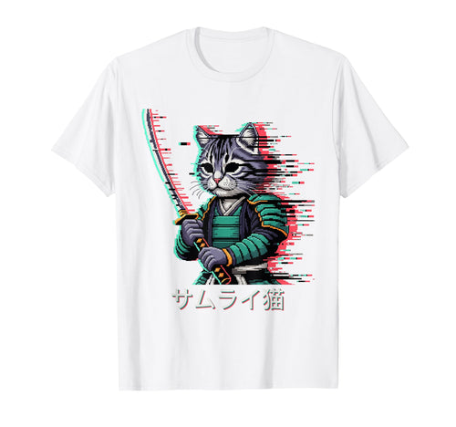 Japanese Vaporwave Samurai Cat T-Shirt - Aesthetic Graphic for Adults - T-Shirt, Sweatshirt, Hoodie
