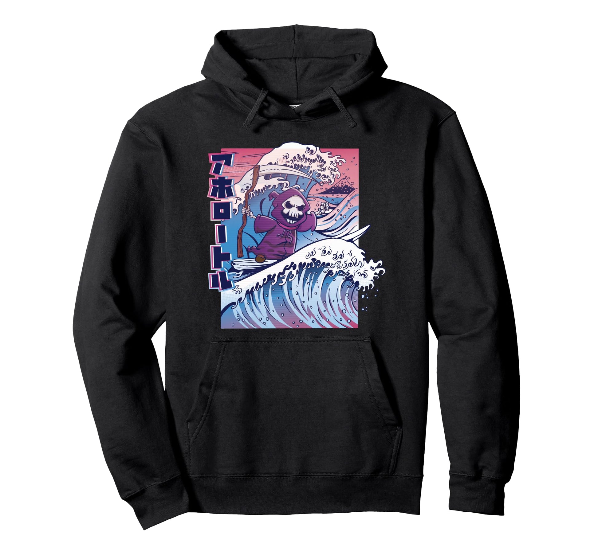 Japanese Vaporwave Grim Reaper Surf Board Hoodie - Graphic Print for Adults - T-Shirt, Sweatshirt, Hoodie