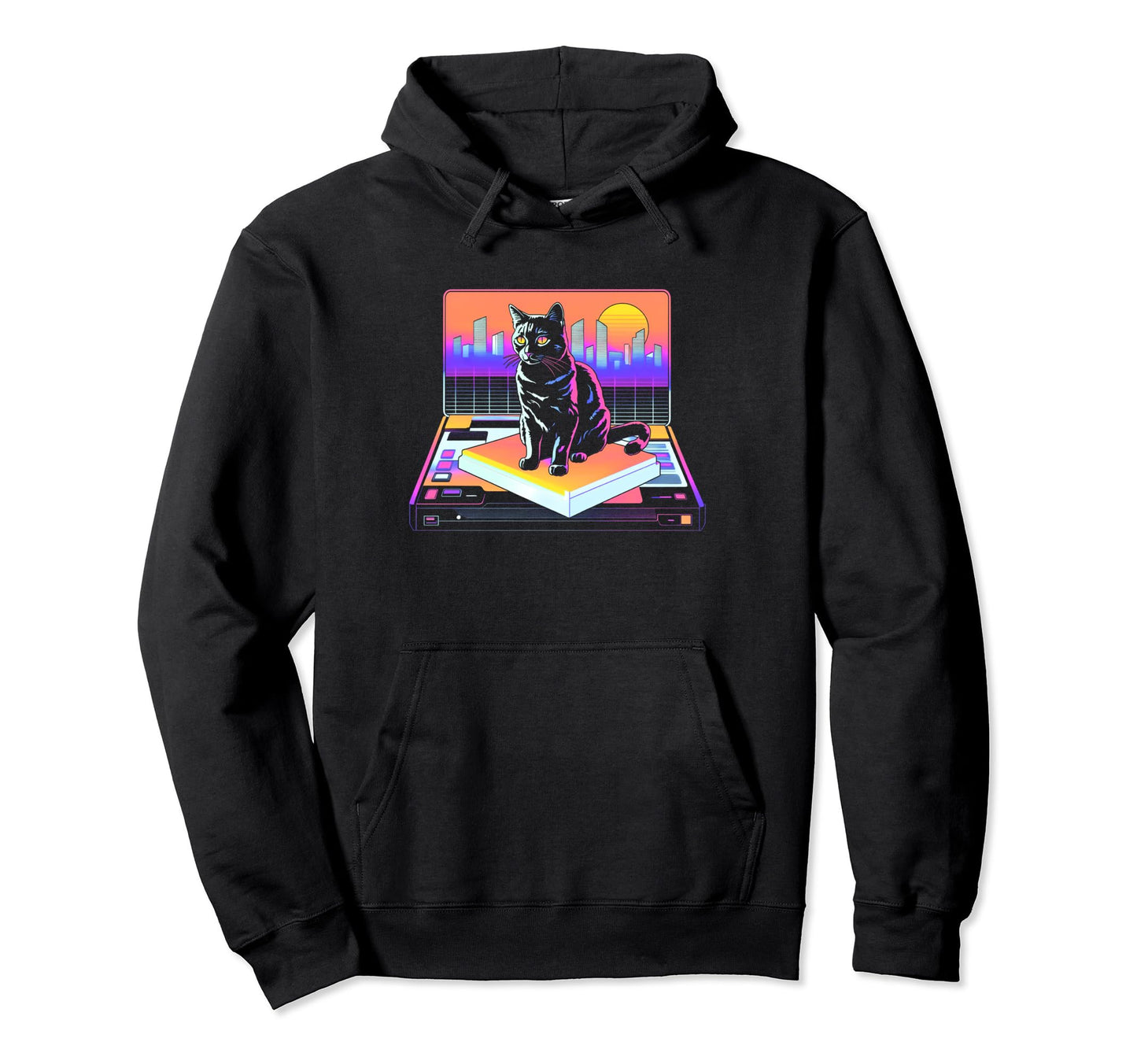 Skylines Vaporwave Aesthetic Cat Hoodie - Custom Art Print Men Women - T-Shirt, Sweatshirt, Hoodie