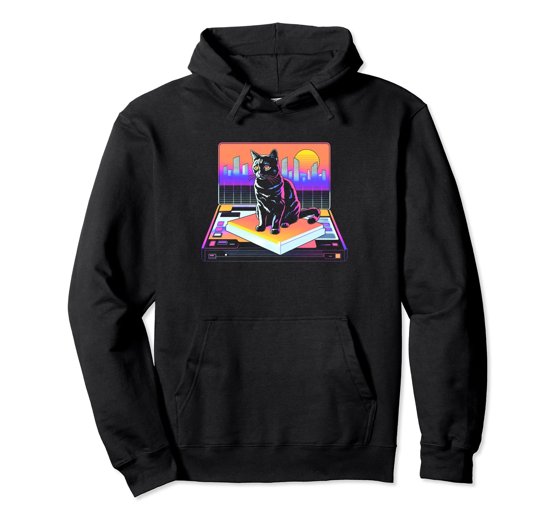 Skylines Vaporwave Aesthetic Cat Hoodie - Custom Art Print Men Women - T-Shirt, Sweatshirt, Hoodie