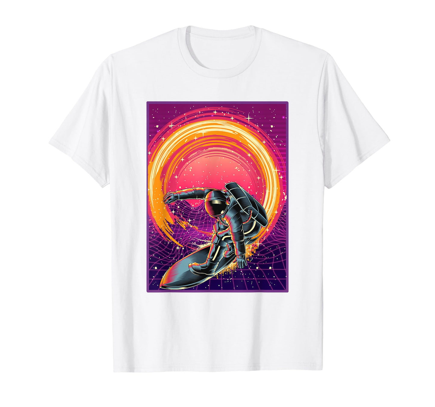 Surfing Synthwave Outer Space Vaporwave T-Shirt - Graphic Print Unisex - T-Shirt, Sweatshirt, Hoodie