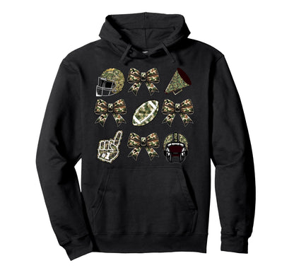 Camo Football Coquette Bow Football Mom Hoodie - Novelty Apparel Unisex - T-Shirt, Sweatshirt, Hoodie