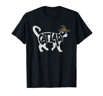 Cat Lady Funny White Cat Witch Hat T-Shirt - Minimalist Print Men Women - T-Shirt, Sweatshirt, Hoodie
