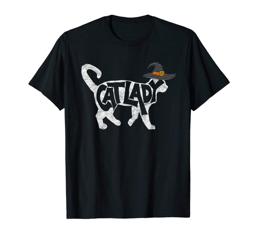 Cat Lady Funny White Cat Witch Hat T-Shirt - Minimalist Print Men Women - T-Shirt, Sweatshirt, Hoodie