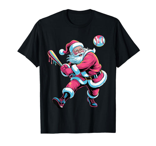 Baseball Santa Claus Batter Baseball Drip T-Shirt - Graphic Print Unisex - T-Shirt, Sweatshirt, Hoodie