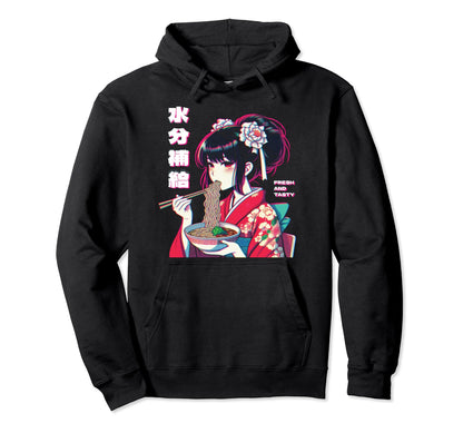 Anime Eating Ramen Vaporwave Aesthetic Hoodie - Minimalist Print Men Women - T-Shirt, Sweatshirt, Hoodie
