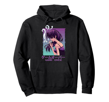 Japanese Vaporwave Sad Anime Game Over Hoodie - Unique Graphic Unisex - T-Shirt, Sweatshirt, Hoodie