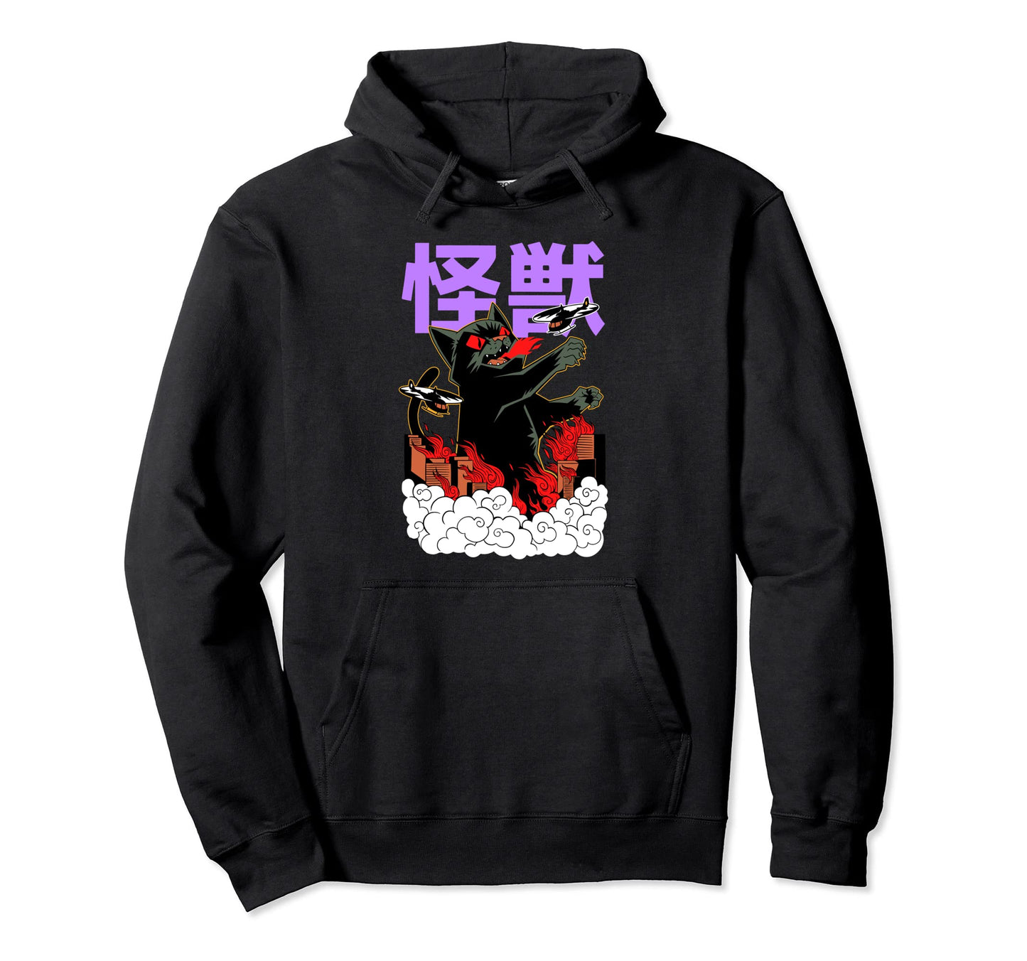 Anime Monster Cat Kanji Grunge Japan Hoodie - Fun Novelty Design Men Women - T-Shirt, Sweatshirt, Hoodie
