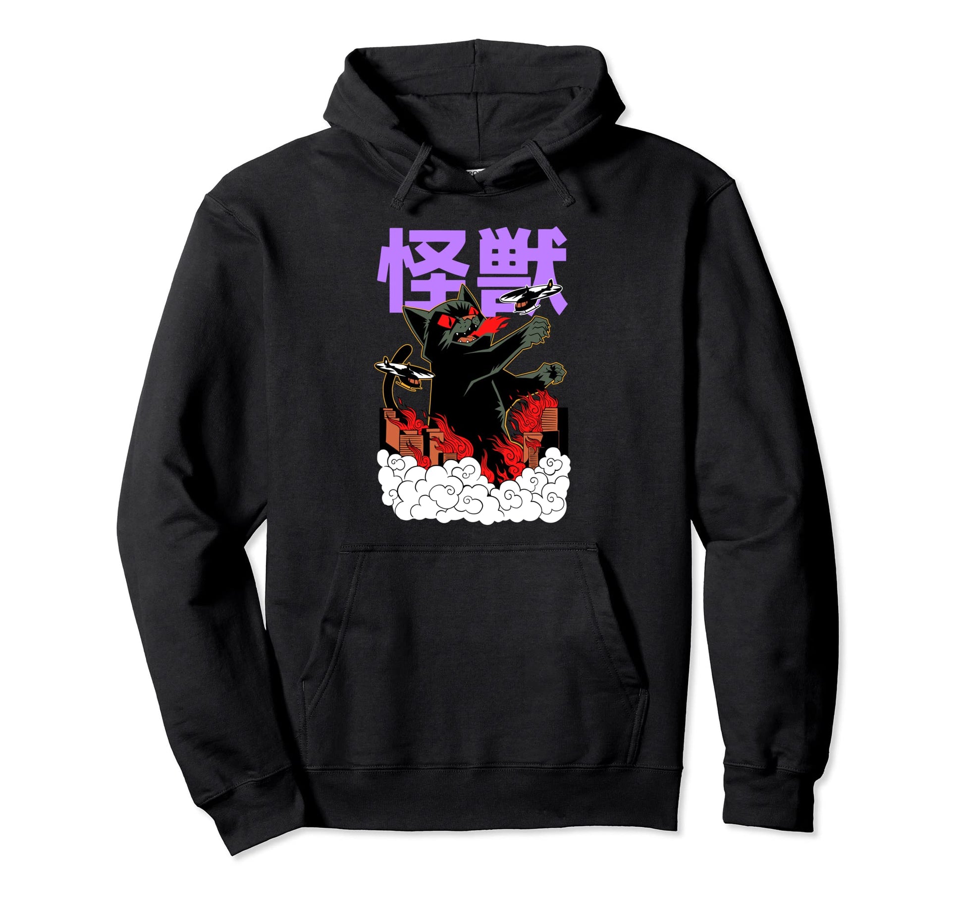 Anime Monster Cat Kanji Grunge Japan Hoodie - Fun Novelty Design Men Women - T-Shirt, Sweatshirt, Hoodie