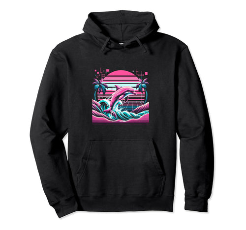 Dolphin Palm Sunset Vaporwave 80S 90S Hoodie - Novelty Apparel for Adults - T-Shirt, Sweatshirt, Hoodie