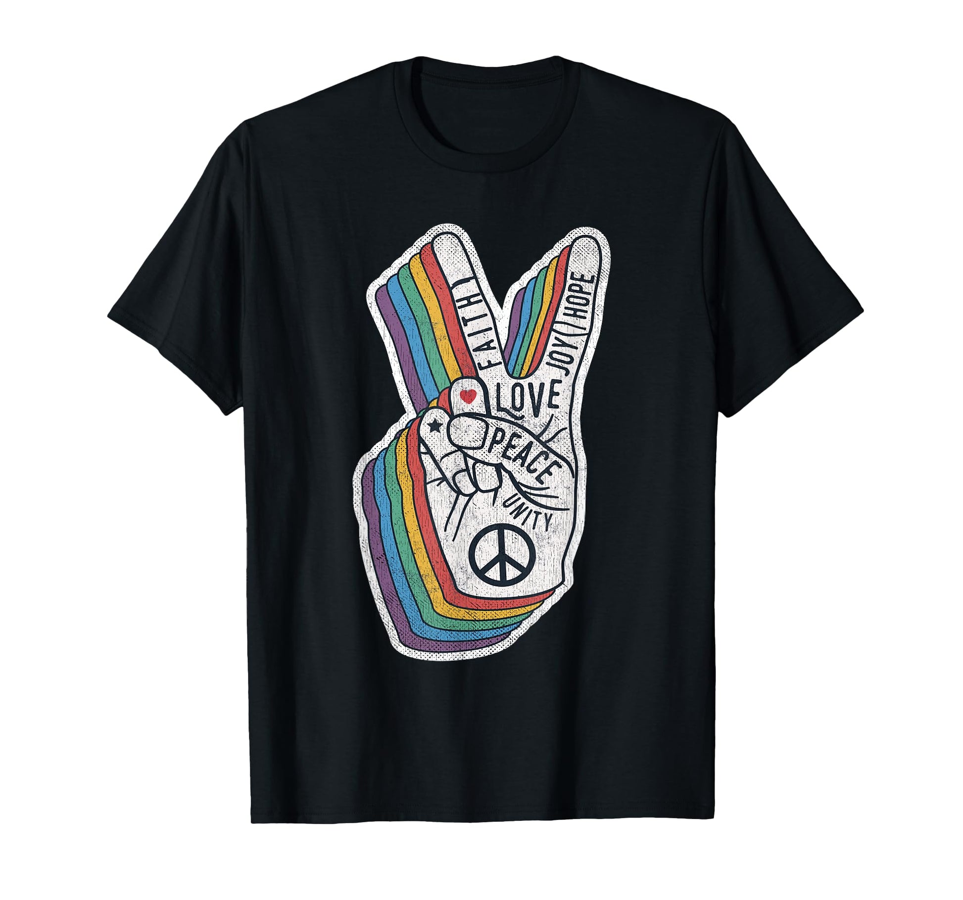 Distressed Rainbow Peace Hand Sign 60S 70S T-Shirt - Unique Graphic Unisex - T-Shirt, Sweatshirt, Hoodie