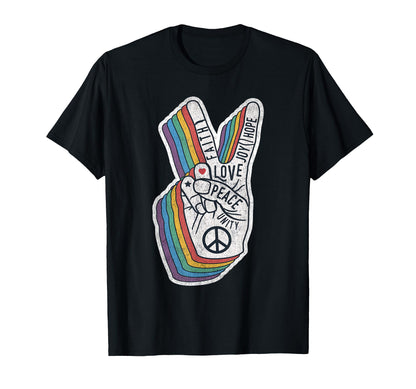 Distressed Rainbow Peace Hand Sign 60S 70S T-Shirt - Unique Graphic Unisex - T-Shirt, Sweatshirt, Hoodie