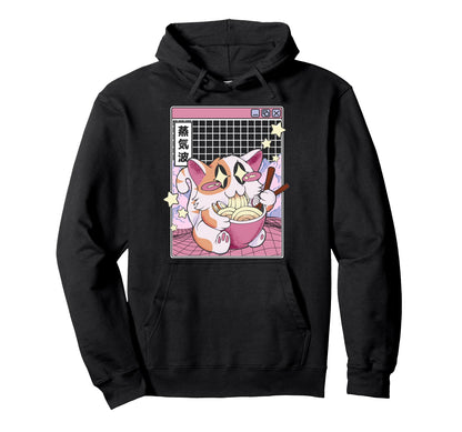 Happy Cat Eating Ramen Digital Otaku Hoodie - Graphic Print for Adults - T-Shirt, Sweatshirt, Hoodie