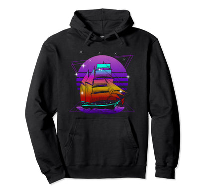 Synthwave Vaporwave Sunset Pirate Ship Hoodie - Novelty Apparel Men Women - T-Shirt, Sweatshirt, Hoodie