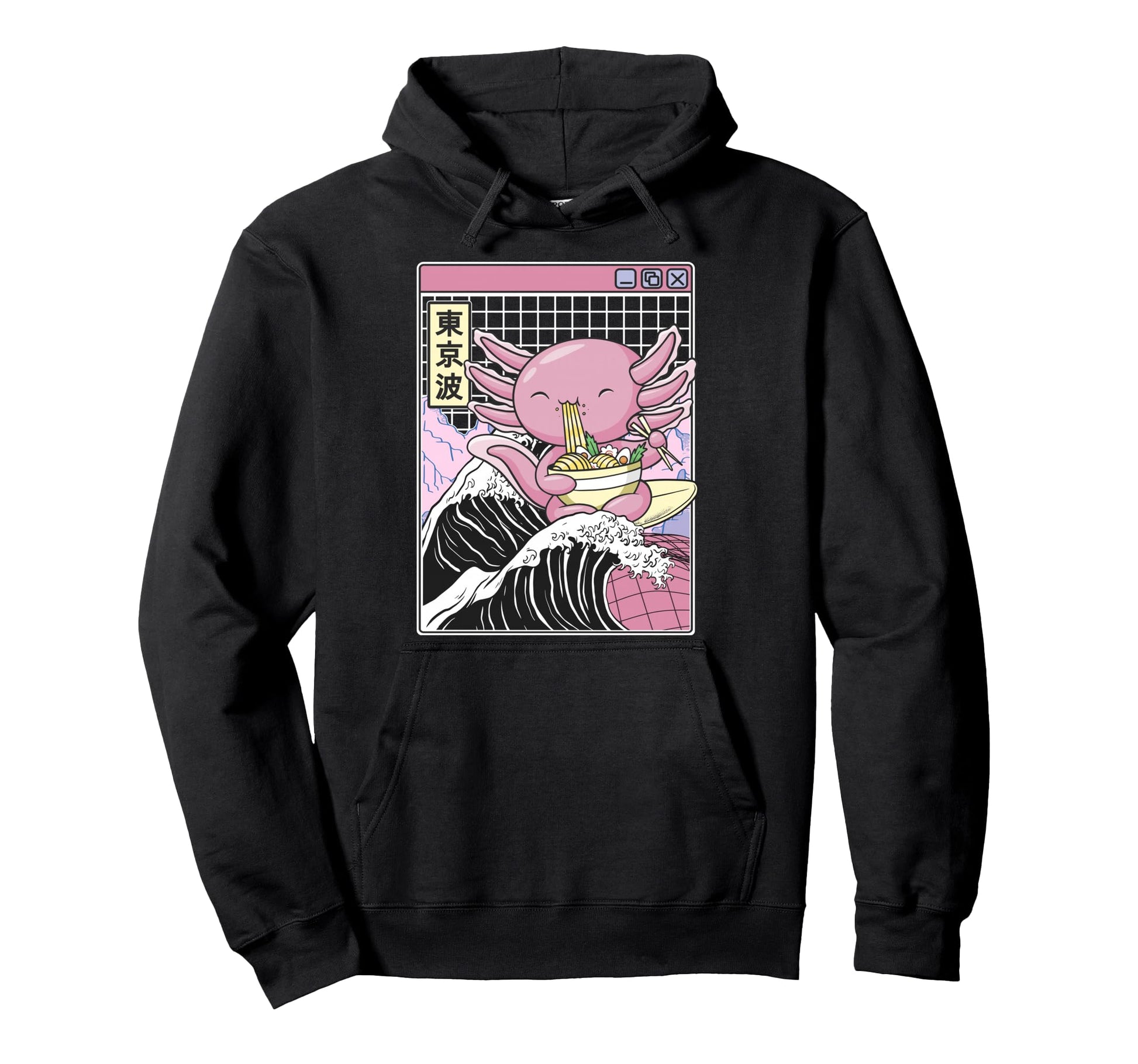 Axolotl Eating Ramen Kanagawa Wave Hoodie - Fun Novelty Design Men Women - T-Shirt, Sweatshirt, Hoodie