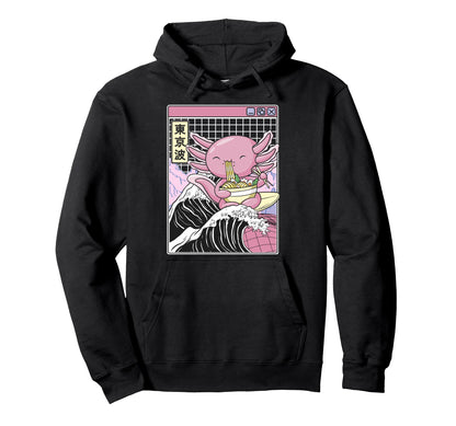 Axolotl Eating Ramen Kanagawa Wave Hoodie - Fun Novelty Design Men Women - T-Shirt, Sweatshirt, Hoodie