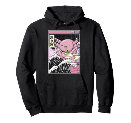 Axolotl Eating Ramen Kanagawa Wave Hoodie - Fun Novelty Design Men Women - T-Shirt, Sweatshirt, Hoodie