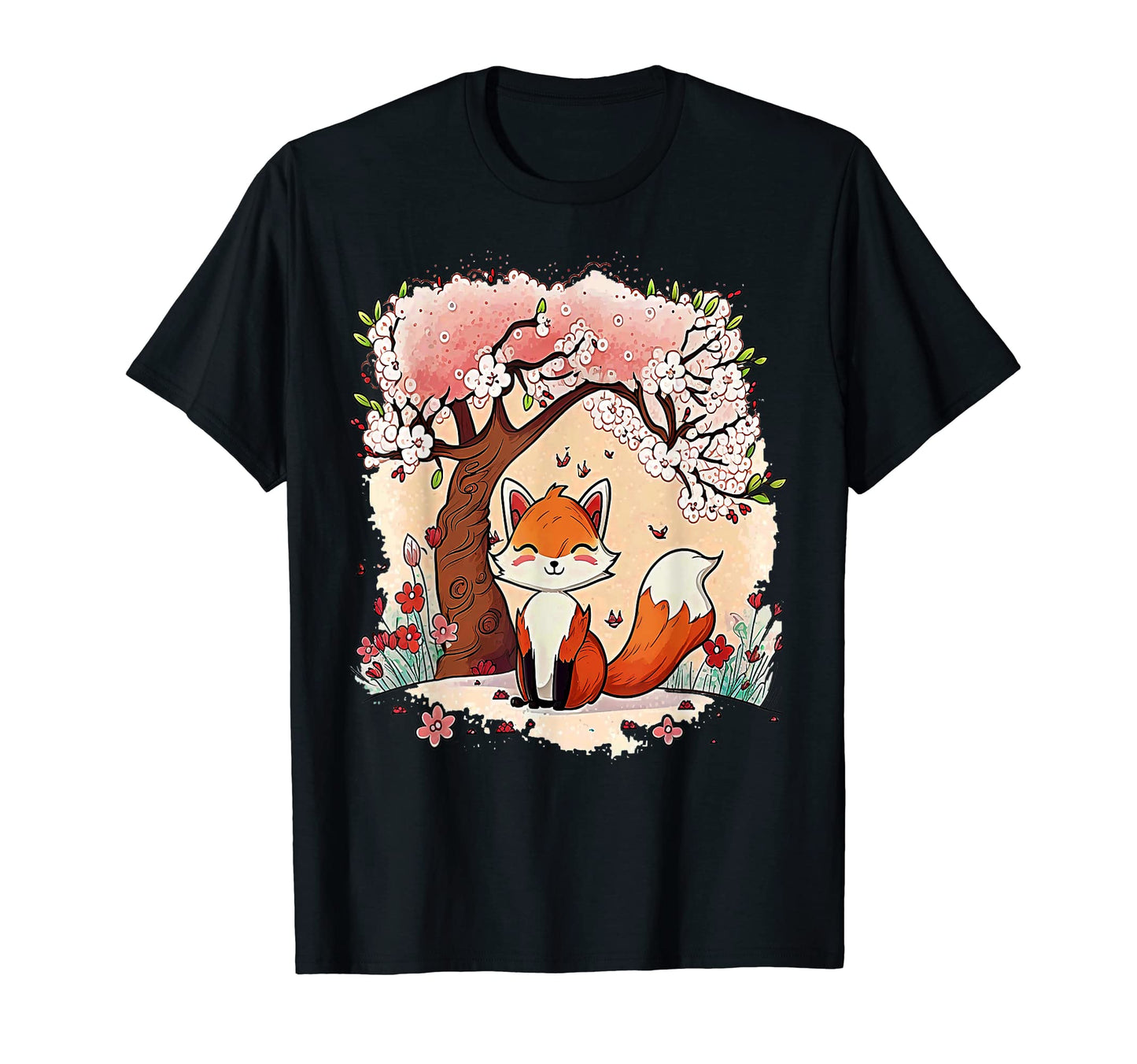 Funny Fox Cherry Blossom Art Japanese T-Shirt - Custom Art Print Men Women - T-Shirt, Sweatshirt, Hoodie