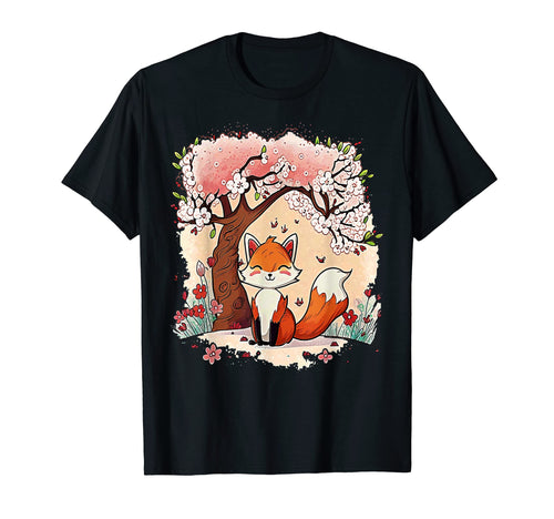 Funny Fox Cherry Blossom Art Japanese T-Shirt - Custom Art Print Men Women - T-Shirt, Sweatshirt, Hoodie