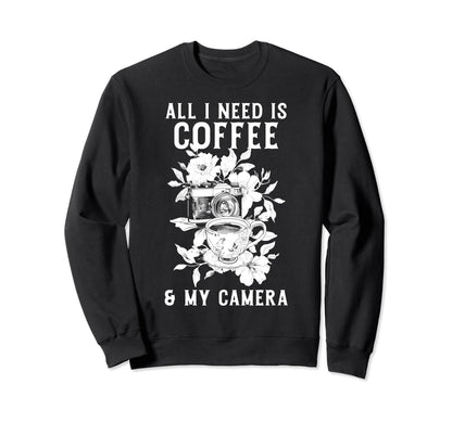 Coffee Camera Photographer Flowers Sweatshirt - Trendy Graphic for Adults - T-Shirt, Sweatshirt, Hoodie