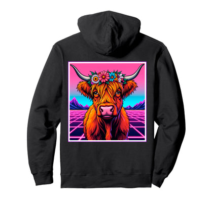 Highland Cow Vaporwave Cow Hoodie - Unique Graphic Unisex - T-Shirt, Sweatshirt, Hoodie