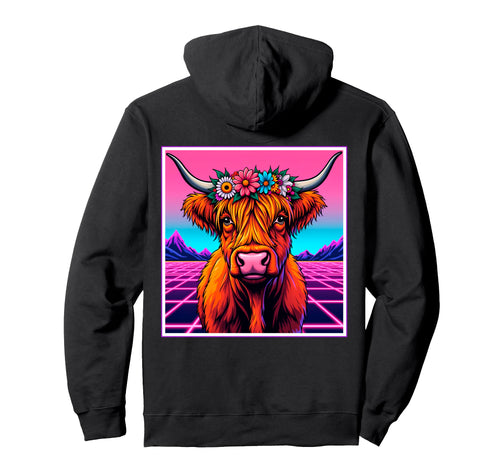 Highland Cow Vaporwave Cow Hoodie - Unique Graphic Unisex - T-Shirt, Sweatshirt, Hoodie