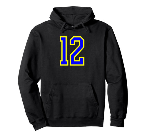 Blue Yellow Sport Team Number 12 Hoodie - Aesthetic Graphic for Adults - T-Shirt, Sweatshirt, Hoodie