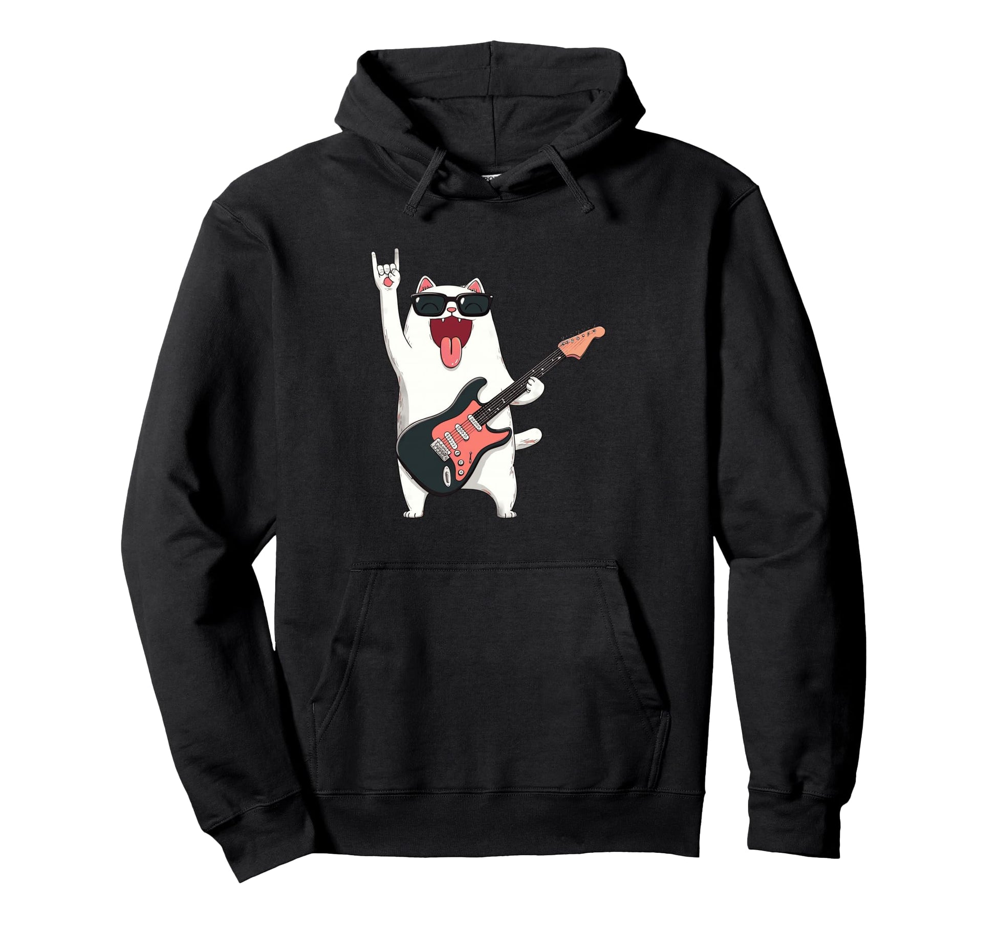 Cat Rock Music Funny Cartoon Hoodie - Casual Everyday Wear Men Women - T-Shirt, Sweatshirt, Hoodie