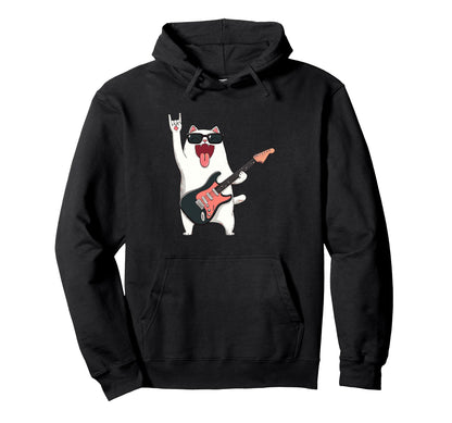 Cat Rock Music Funny Cartoon Hoodie - Casual Everyday Wear Men Women - T-Shirt, Sweatshirt, Hoodie