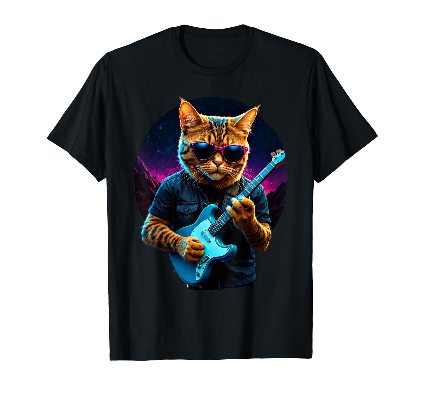 Rock Cat Playing Guitar Vaporwave T-Shirt - Casual Everyday Wear Unisex - T-Shirt, Sweatshirt, Hoodie