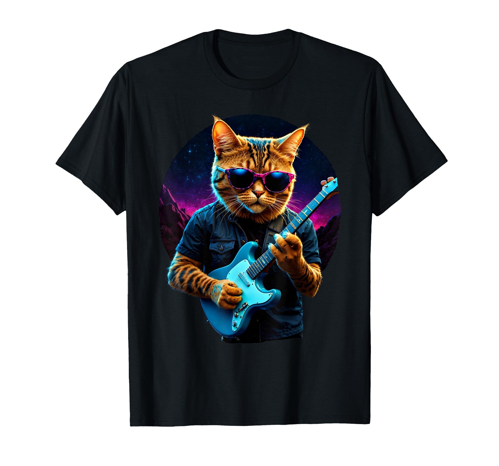 Rock Cat Playing Guitar Vaporwave T-Shirt - Casual Everyday Wear Unisex - T-Shirt, Sweatshirt, Hoodie