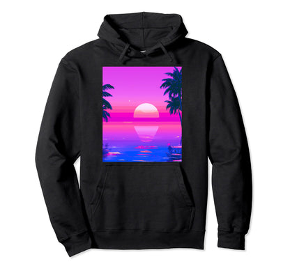 Vaporwave Sunset Synthwave Sun Palm Hoodie - Fun Novelty Design Men Women - T-Shirt, Sweatshirt, Hoodie
