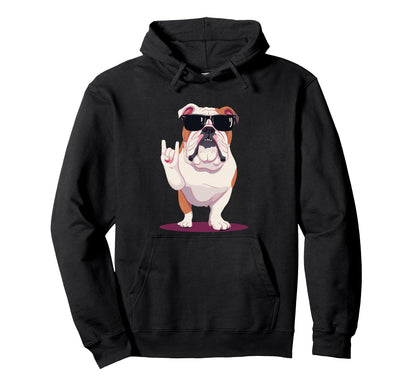 English Bulldog Rock Hand Sign Hoodie - Casual Everyday Wear for Adults - T-Shirt, Sweatshirt, Hoodie