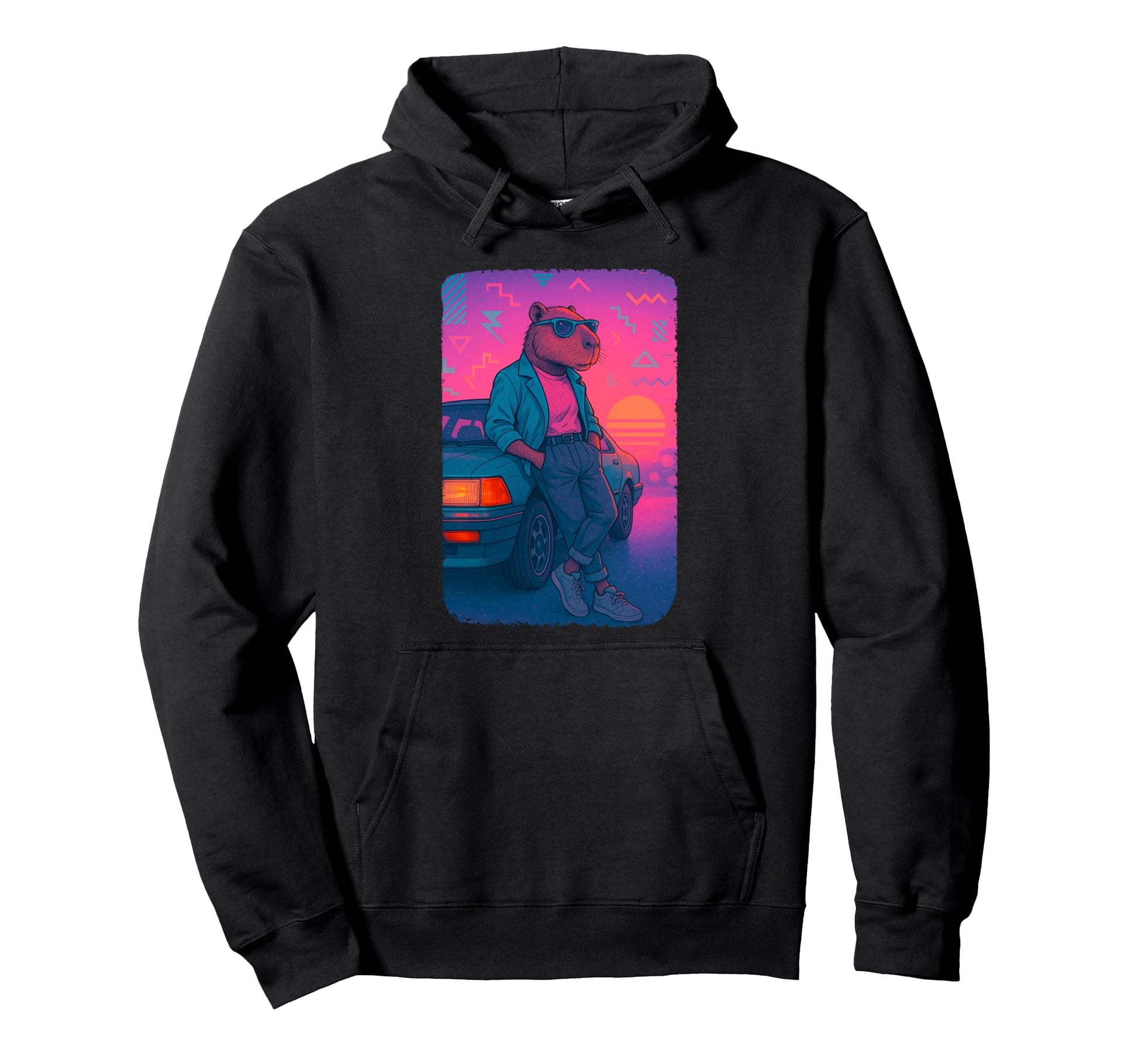 80S Capybara Vaporwave Sunset Aesthetic Hoodie - Minimalist Print Unisex - T-Shirt, Sweatshirt, Hoodie