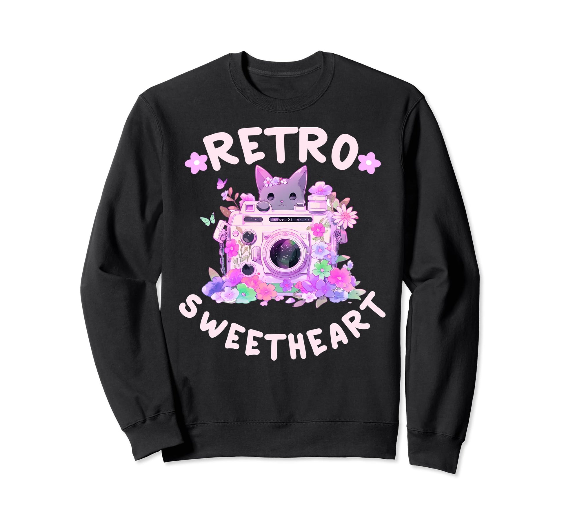 Sweetheart Kawaii Floral Camera Groovy Sweatshirt - Unique Graphic Unisex - T-Shirt, Sweatshirt, Hoodie
